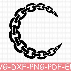Puede incluir: Una ilustración gráfica negra de una cadena de metal dispuesta en forma de media luna. La cadena consta de varios eslabones ovalados conectados en una curva continua, con extremos puntiagudos en la parte superior e inferior del diseño.