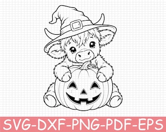 Baby Highland Wearing Witch Hat with Pumpkin Silhouette, Svg, Dxf, Png