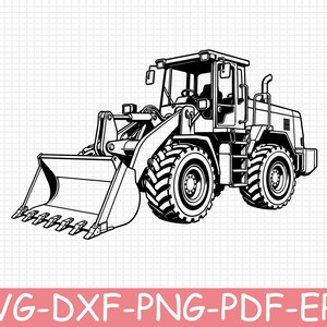 May include: A black and white line art illustration of a heavy-duty wheel loader construction vehicle. The machine features a large front bucket with teeth, a cabin with windows, and four large, treaded tyres on a grid background.