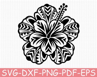Polynesian Tribal Hibiscus Flower Silhouette, Svg, Dxf, Png