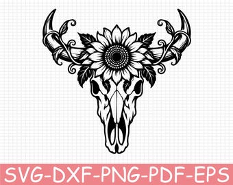 Sunflower Longhorn Skull Silhouette, Svg, Dxf, Png