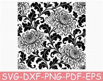 Chrysanthemum and Acanthus Pattern Silhouette, Svg, Dxf, Png
