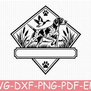 May include: A black and white graphic design featuring a spotted hunting dog standing in tall grass with a flying duck above. The scene is framed by a diamond shape with paw prints and includes a blank rectangular banner for custom text.