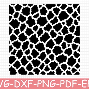 May include: A digital graphic file featuring a repeating black and white giraffe print pattern. The design consists of irregular, rounded black shapes separated by thin white lines, presented on a grid background with the text SVG-DXF-PNG-PDF-EPS.