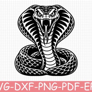 Könnte beinhalten: Eine schwarz-weiße grafische Illustration einer Kobra mit gespreiztem Nackenschild, offenem Maul und sichtbaren Giftzähnen. Das Design zeigt detaillierte Schuppenmuster auf Körper und Kopf. Unter der Schlange steht der Text SVG-DXF-PNG-PDF-EPS.