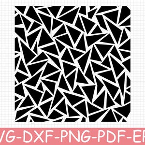 May include: A digital graphic file featuring a repeating geometric pattern of solid black triangles separated by thin white lines. The design is presented as a square tile with sharp, angular shapes arranged in a dense, non-uniform mosaic layout.