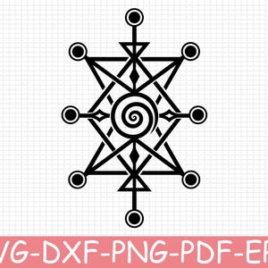 May include: A black graphic design featuring a central spiral surrounded by intersecting geometric lines, triangles, and eight circular nodes. The design is set against a white grid background with the text SVG-DXF-PNG-PDF-EPS at the bottom.