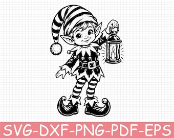 Christmas Elf with Lantern Silhouette, Svg, Dxf, Png