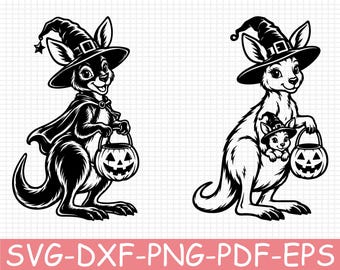 Witch Kangaroo with Pumpkin Pail Silhouette, Svg, Dxf, Png