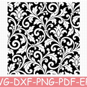 Può includere: Un file grafico digitale caratterizzato da un motivo damascato ripetuto in bianco e nero con viticci, foglie ed elementi floreali. La parte inferiore dell'immagine mostra il testo SVG-DXF-PNG-PDF-EPS in lettere bianche su sfondo rosa.