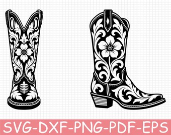 Tooled Leather Cowboy Boots Silhouette, Svg, Dxf, Png