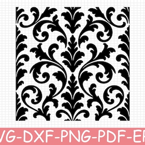 May include: A black and white digital graphic featuring a repeating damask pattern with symmetrical, swirling leaf-like motifs and ornate scrollwork. The design is presented as a high-contrast vector illustration on a white grid background.
