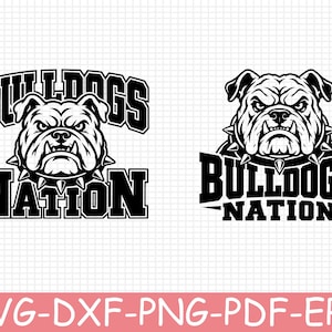May include: Two black and white graphic designs featuring a bulldog head wearing a spiked collar. The text BULLDOGS NATION is displayed in a bold, block font. The designs are presented on a white grid background with file formats listed below.