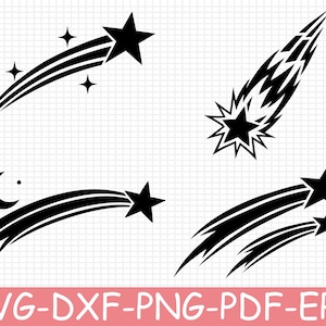 May include: A collection of four black graphic illustrations featuring celestial motifs. The designs include various shooting stars, a crescent moon, and small star accents, all presented on a white grid background with the text SVG-DXF-PNG-PDF-EPS.
