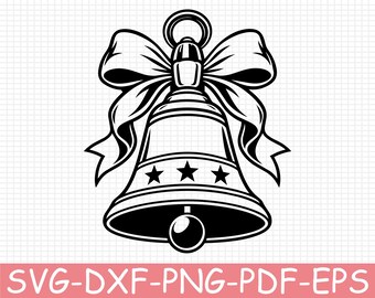 Holiday Bell with Bow and Stars Silhouette, Svg, Dxf, Png