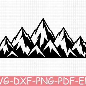 May include: A black and white graphic illustration of a mountain range featuring five distinct peaks with sharp, angular silhouettes and contrasting light and shadow areas. The design is presented on a grid background with text at the bottom.