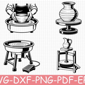 May include: A collection of four black and white illustrations featuring pottery equipment. The set includes a potter shaping a bowl on a wheel, a finished vase on a wheel, an electric pottery wheel with a foot pedal, and a kick wheel with a pitcher.