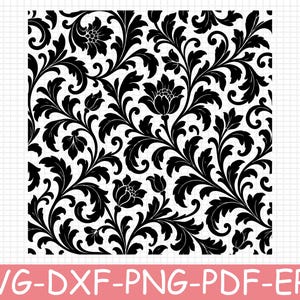 May include: A black and white digital graphic file featuring a repeating damask pattern of stylised flowers and swirling acanthus leaves. The design is presented as a high-contrast silhouette against a white grid background with file format text.