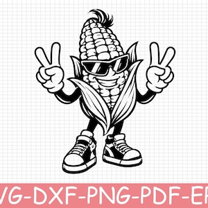 Puede incluir: Una ilustración gráfica en blanco y negro de un personaje de mazorca de maíz con gafas de sol y zapatillas, haciendo el signo de la paz con ambas manos. El texto SVG-DXF-PNG-PDF-EPS aparece en blanco sobre una franja rosa inferior.