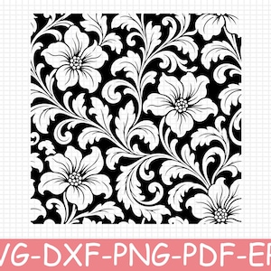 May include: A square digital graphic featuring a high-contrast black and white floral pattern. The design consists of white stylised flowers and swirling acanthus leaves set against a solid black background. The text SVG-DXF-PNG-PDF-EPS is below.