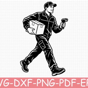 May include: A black and white graphic illustration of a delivery worker wearing a cap, jacket, and trousers, walking while carrying a cardboard box under one arm and holding a handheld barcode scanner in the other hand, isolated on a white background.