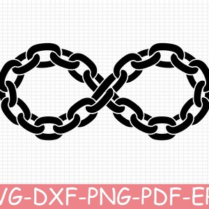 May include: A black graphic illustration of a metal chain arranged in the shape of an infinity symbol. The design features interlocking oval links forming a continuous loop, presented as a flat vector-style graphic on a white grid background.