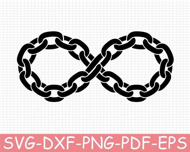 May include: A black graphic illustration of a metal chain arranged in the shape of an infinity symbol. The design features interlocking oval links forming a continuous loop, presented as a flat vector-style graphic on a white grid background.
