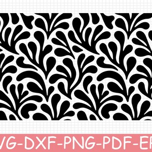 May include: A black and white digital graphic pattern featuring a repeating motif of stylized, curved, leaf-like shapes arranged in a dense, flowing composition. The design is presented on a white grid background with the text SVG-DXF-PNG-PDF-EPS.