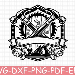 May include: A black and white graphic illustration featuring two crossed hammers positioned over a circular saw blade and a wood grain background. A blank banner sits across the centre, with a hand plane and wood shavings at the bottom.