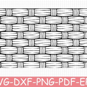 May include: A black and white digital graphic pattern featuring a repeating woven basket weave design. The illustration consists of horizontal and vertical lines creating a textured grid effect, presented on a light grid background.