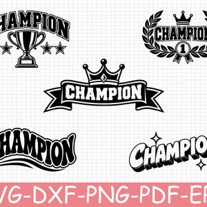 May include: A collection of five black and white graphic designs featuring the word CHAMPION in various fonts and styles, including a trophy with stars, a laurel wreath with a crown, a banner with a crown, a wavy script, and a 3D block letter style.