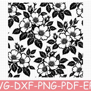 Wild Rose Botanical Pattern Silhouette, Svg, Dxf, Png