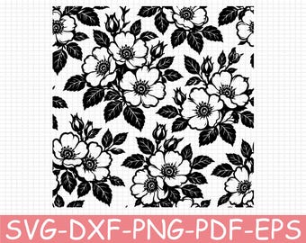 Wild Rose Botanical Pattern Silhouette, Svg, Dxf, Png