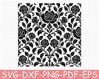 Seamless Damask Roses Pattern Silhouette, Svg, Dxf, Png