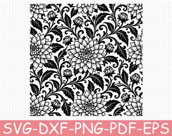 Seamless Dahlia Filigree Pattern Silhouette, Svg, Dxf, Png