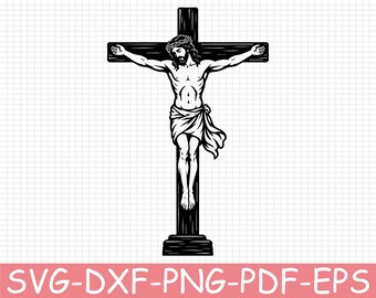 Solemn Jesus on a Wooden Cross Silhouette, Svg, Dxf, Png