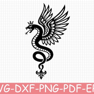 May include: A black graphic illustration of a winged serpent wearing a small crown on its head, with its body coiled at the base and a forked tongue protruding from its mouth. The text SVG-DXF-PNG-PDF-EPS is displayed in white at the bottom.
