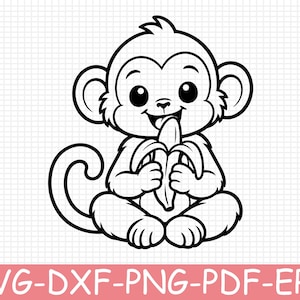 Puede incluir: Una ilustración de arte lineal en blanco y negro de un mono de dibujos animados sentado y sosteniendo un plátano pelado. El mono tiene ojos grandes y una cola rizada. Debajo del gráfico, el texto dice SVG-DXF-PNG-PDF-EPS en fuente sans-serif.
