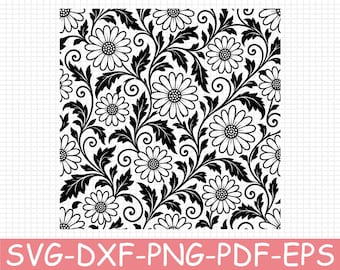 Seamless Daisy Vine Pattern Silhouette, Svg, Dxf, Png