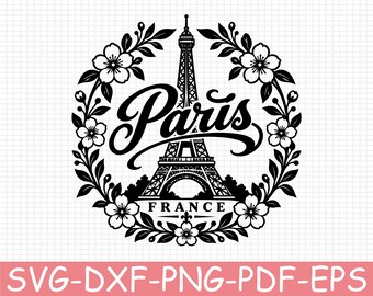 Paris Floral Eiffel Tower Emblem Silhouette, Svg, Dxf, Png