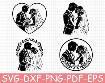 Wedding Couple Profile Silhouette, Svg, Dxf, Png