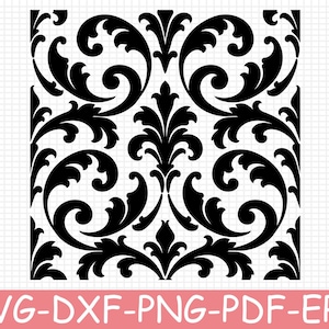 Puede incluir: Un archivo gráfico digital en blanco y negro que presenta un patrón de damasco repetitivo con motivos simétricos de hojas de acanto en espiral. El diseño se presenta sobre un fondo de cuadrícula claro con el texto SVG-DXF-PNG-PDF-EPS abajo.