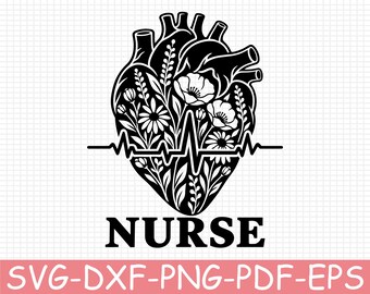 Floral Heart Nurse Emblem Silhouette, Svg, Dxf, Png