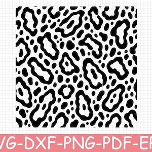 May include: A black and white leopard print pattern featuring irregular spots and shapes. The design is presented on a grid background with the text SVG-DXF-PNG-PDF-EPS displayed in white letters on a pink bar at the bottom.