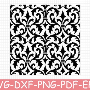 May include: A black and white digital graphic file featuring a repeating damask pattern with stylized fleur-de-lis motifs and scrolling leaf elements. The bottom banner displays the text SVG-DXF-PNG-PDF-EPS in white letters.