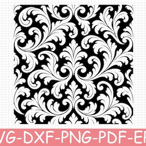 Può includere: Un grafico digitale in bianco e nero con un motivo damascato ripetuto di intricate foglie d'acanto vorticose e motivi floreali. Il design è presentato su uno sfondo a griglia con il testo SVG-DXF-PNG-PDF-EPS nella parte inferiore.