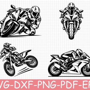Könnte beinhalten: Eine Sammlung von vier schwarz-weißen Illustrationen, die Motorradfahrer in verschiedenen Posen zeigen. Das Set enthält einen Sportmotorradfahrer in einer Kurve, eine Frontansicht eines Sportmotorrads, einen Motocross-Fahrer beim Sprung und einen Fahrer in geduckter Haltung.