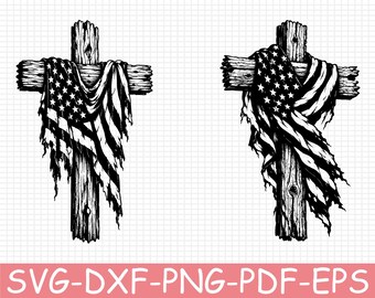 Tattered Flag Draped Cross Silhouette, Svg, Dxf, Png