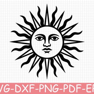 Könnte beinhalten: Eine schwarze grafische Darstellung einer Sonne mit einem menschlichen Gesicht, mit abwechselnd geraden und gewellten Strahlen, die von der zentralen Scheibe ausgehen. Der Text SVG-DXF-PNG-PDF-EPS steht in Weiß auf einem rosa Banner.