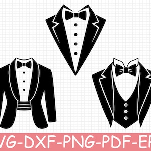 May include: Three black and white graphic illustrations of formal tuxedo jackets with bow ties. The designs feature varying lapel styles, button placements, and waistcoat details. The bottom of the image displays the text SVG-DXF-PNG-PDF-EPS.